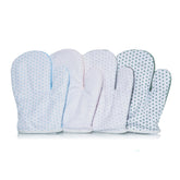 Pastel-colored thermal anti-colic gloves for babies in blue, pink, and green with polka dot patterns.